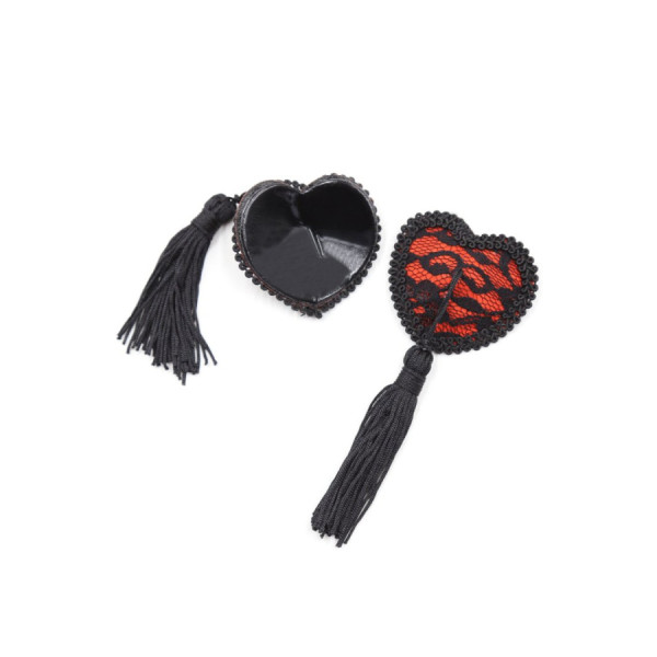 Paire de cache tétons adhésifs en forme de cœur avec dentelle noire et pompom 